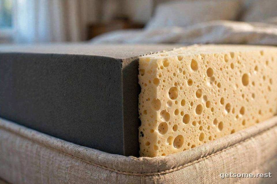 Close-up of memory foam and natural latex mattress edge materials in daylight