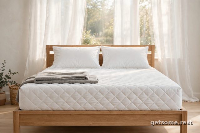Avocado Green Mattress, our top latex pick, on a wooden bed frame in a bright bedroom