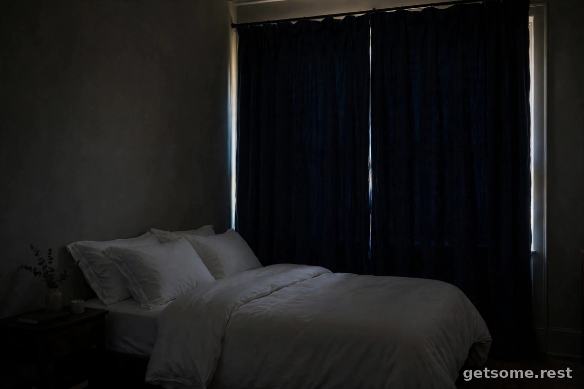 Dark bedroom with navy blackout curtains fully drawn over a window in daylight