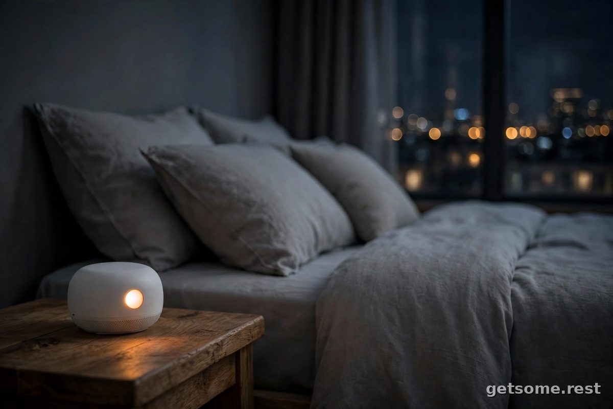 White noise machine glowing softly on a bedside table in a dark bedroom