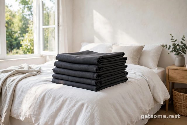 Stack of folded dark grey blackout curtain panels on a bed in a bright bedroom