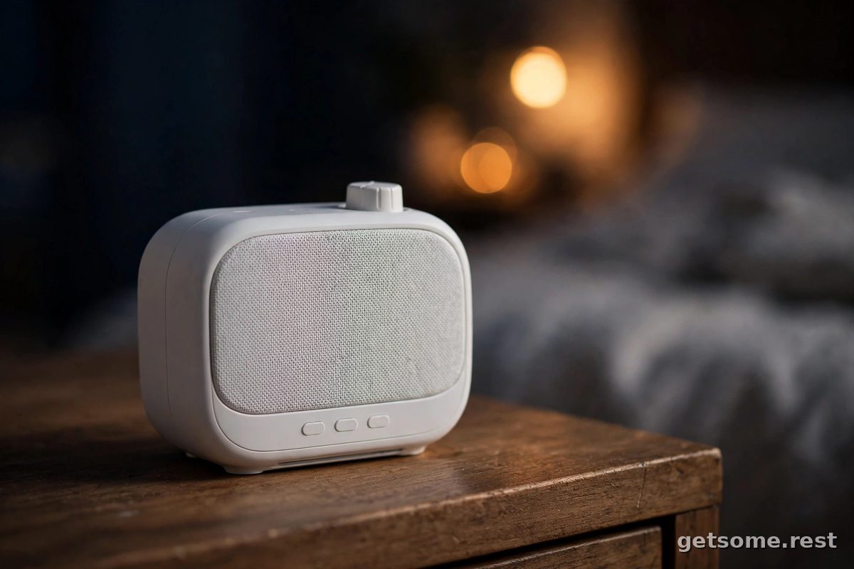 Close-up of a white noise machine on a nightstand with warm lamplight