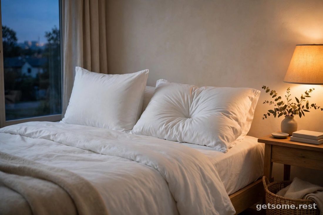Serene bedroom at dusk with two plush white pillows arranged on a bed