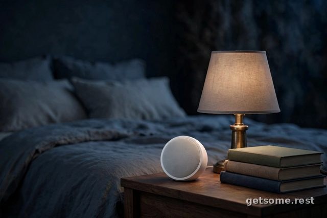Yogasleep Dohm Classic white noise machine on a nightstand in a dark bedroom