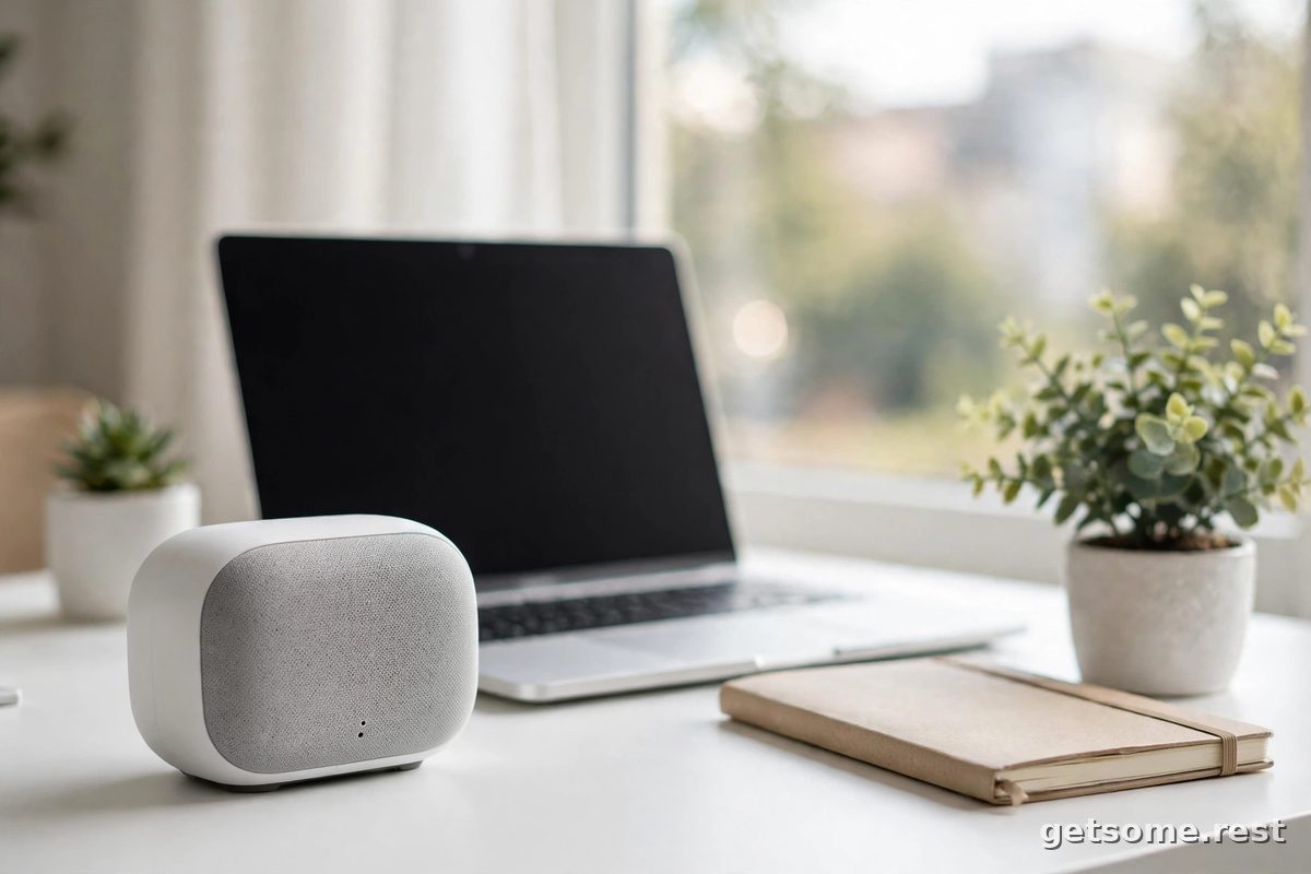 Modern desk setup with a small portable speaker for office focus