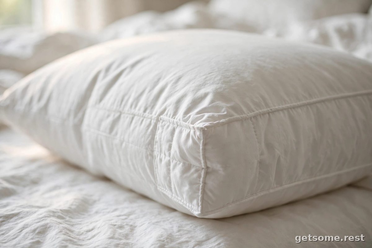 Close-up of a high-loft white side-sleeper pillow with gusseted edge in morning light