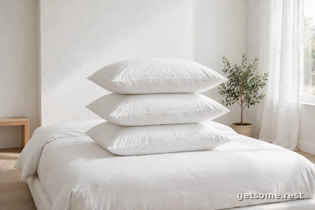 Three white bed pillows stacked neatly on a crisp white bed