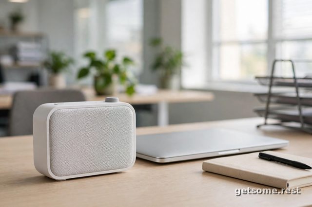 SNOOZ Go portable white noise machine on a modern office desk