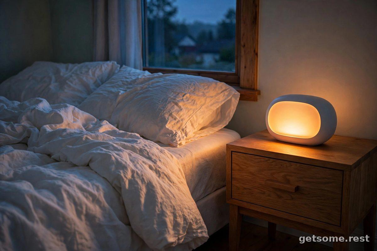 Sunrise alarm clock glowing warm amber light on a nightstand at dawn