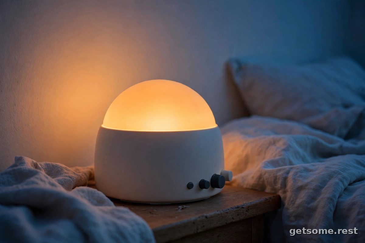 Close-up of a sunrise alarm clock casting warm gradient light in a bedroom