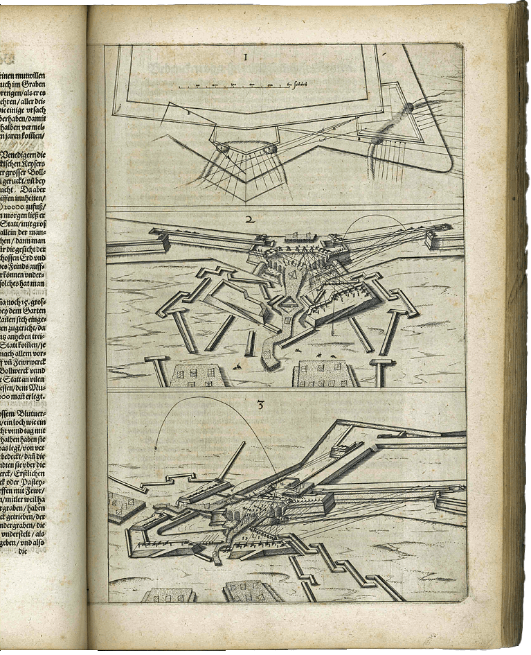 Architectura von Vestungen. Wie die zu unsern zeiten mögen erbawen werden, an Stätten Schlössern, unnd Clussen, zu Wasser, Land, Berg, unnd Thal, mit jren Bollwerken, Cavalieren, Streichen, Gräben und Leuffen, sampt deren gantzen anhang, und nutzbarkeit, auch wie die Gegenwehr zu gebrauchen, was für geschütz dahin gehörig, und wie es geordnet, unnd gebraucht werden soll, alles auss grund un deren Fundamenten - Image 2