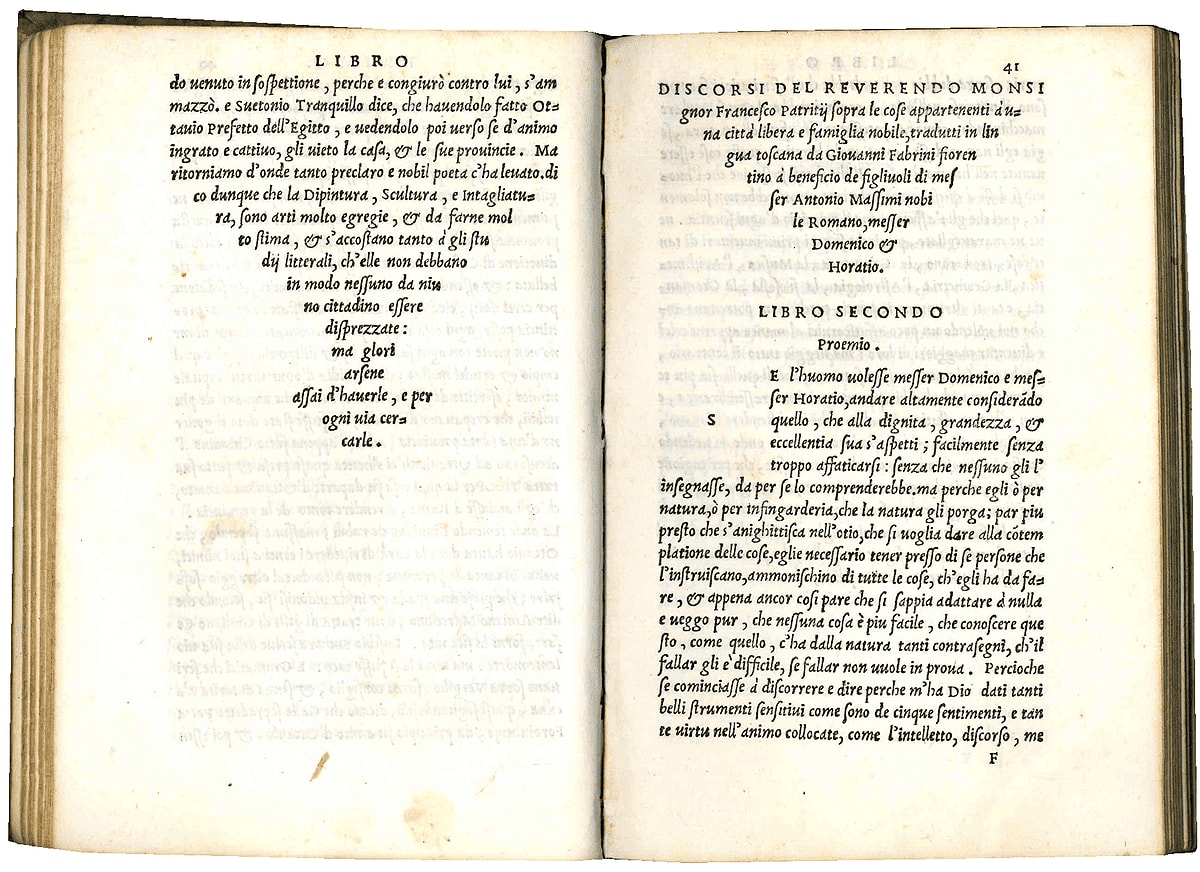 De discorsi [...], sopra alle cose appartenenti ad una città libera, e famiglia nobile; tradotti in lingua toscana da Giovanni Fabrini Fiorentino, à beneficio de figliuoli di Messer Antonio Massimi nobile Romano, M. Domenico, e M. Horatio, libri nove - Image 2