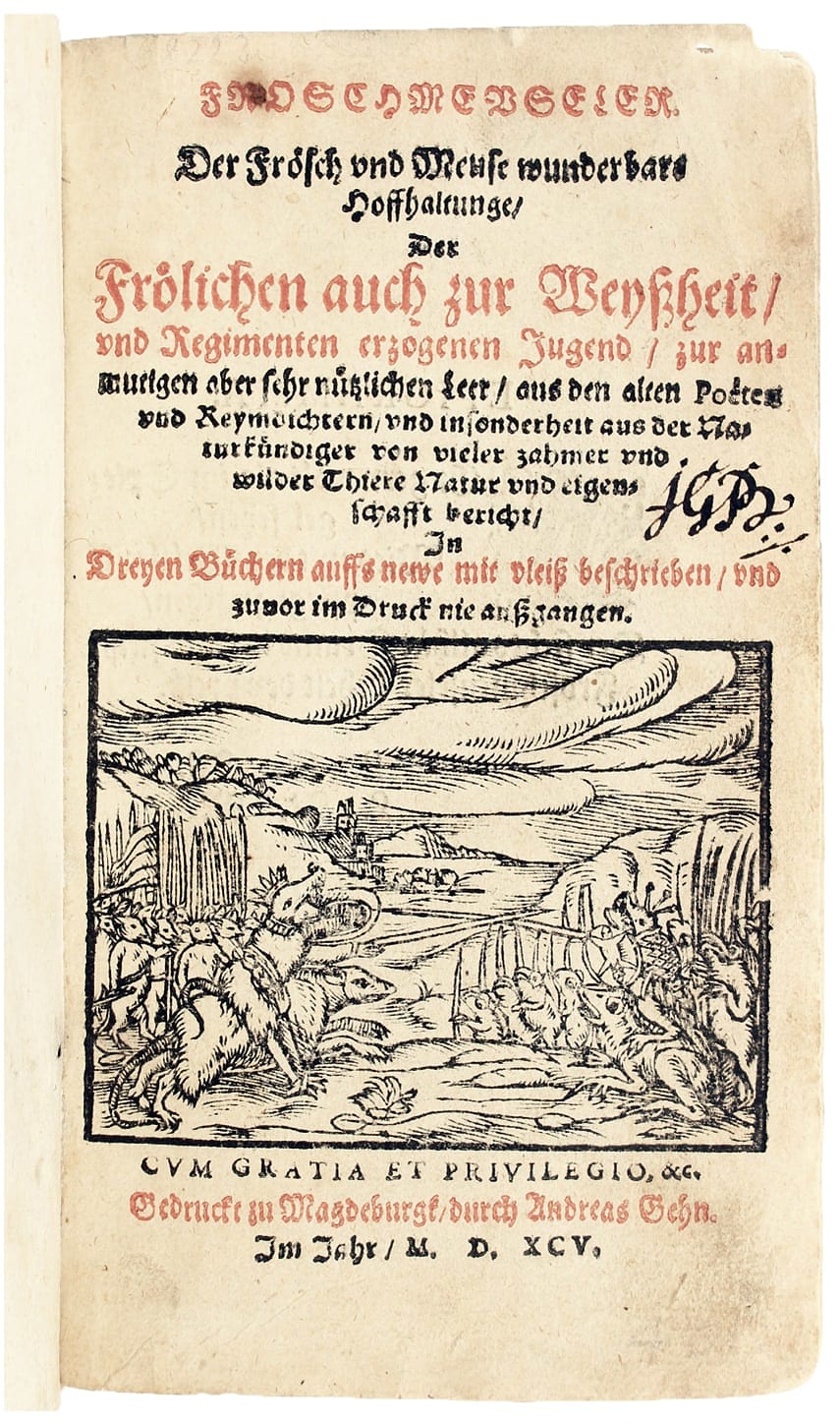 Froschmeuseler. Der Frösch und Meuse wunderbare Hoffhaltunge / Der fröhlichen auch zur Weyßheit / und Regimenten erzogenen Jugend / zur anmutigen aber ser nützlichen Leer - Image 1