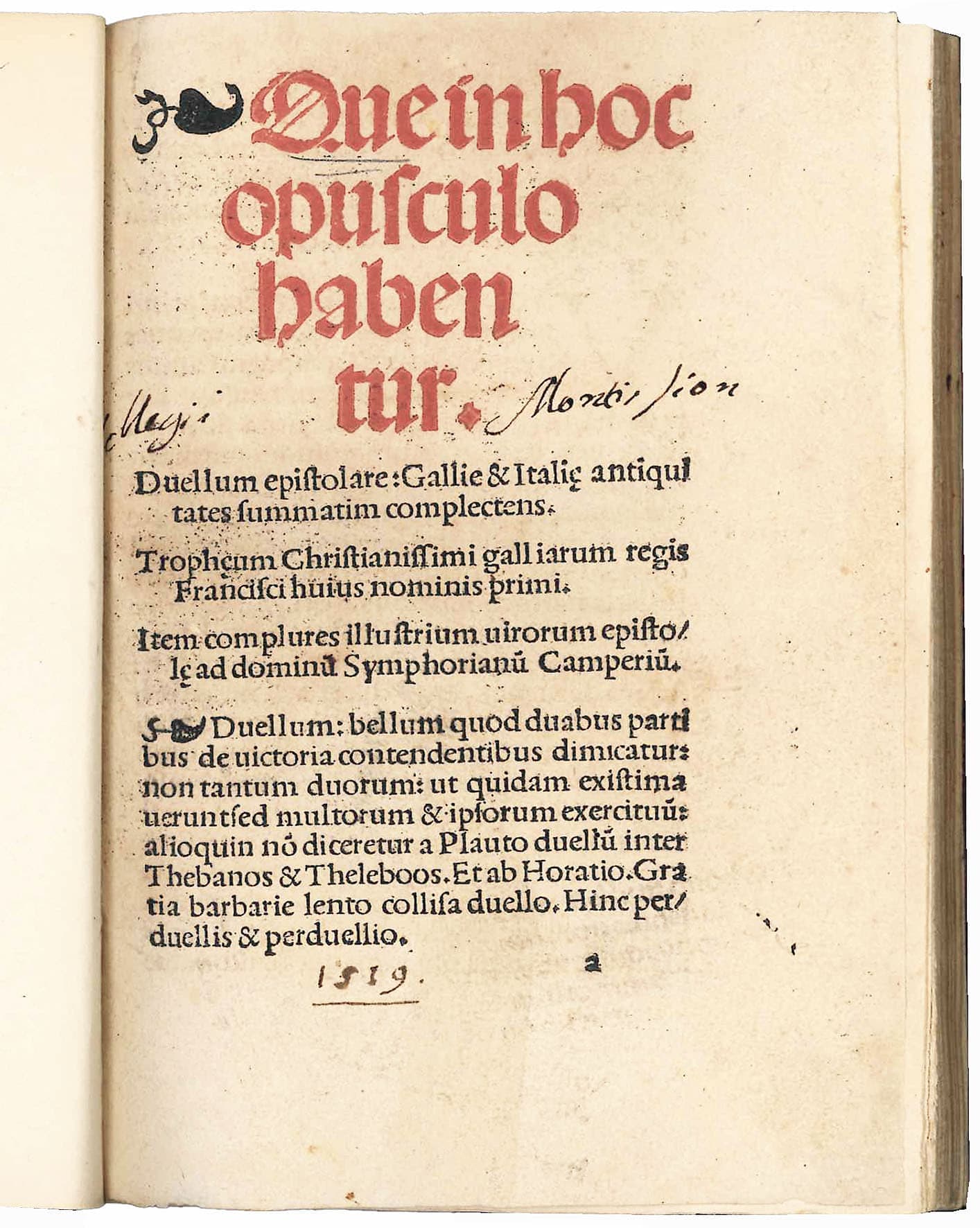 Duellum epistolare: Gallie & Italiæ antiquitates summatis complectens. Trophaeum Christianissimi galliarum regis Francisci huius nominis primi. Item complures illustrium virorum epistolae ad dominu[m] Symphorianu[m] Camperiu[m]