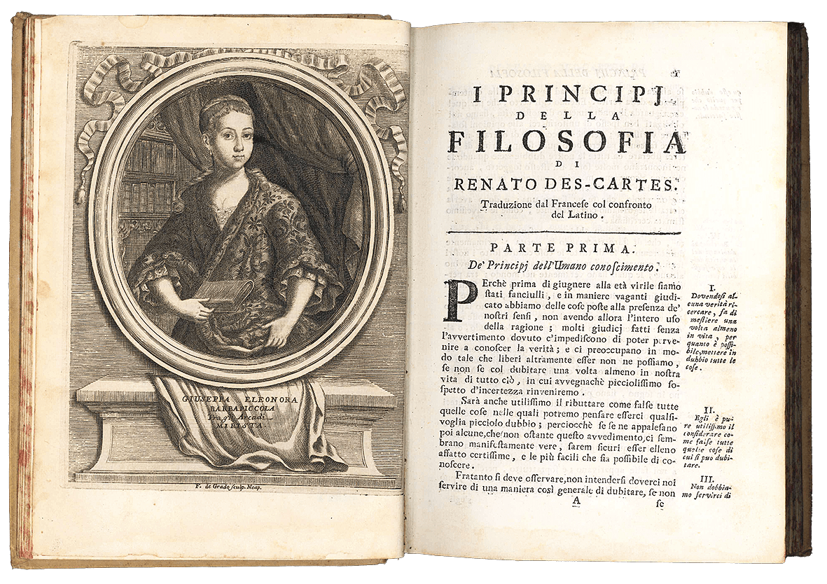 Principj della filosofia di Renato Des-Cartes. Tradotti dal Francese col confronto del Latino in cui l’Autore gli scrisse da Giuseppa-Eleonora Barbapiccola tra gli Arcadi Mirista