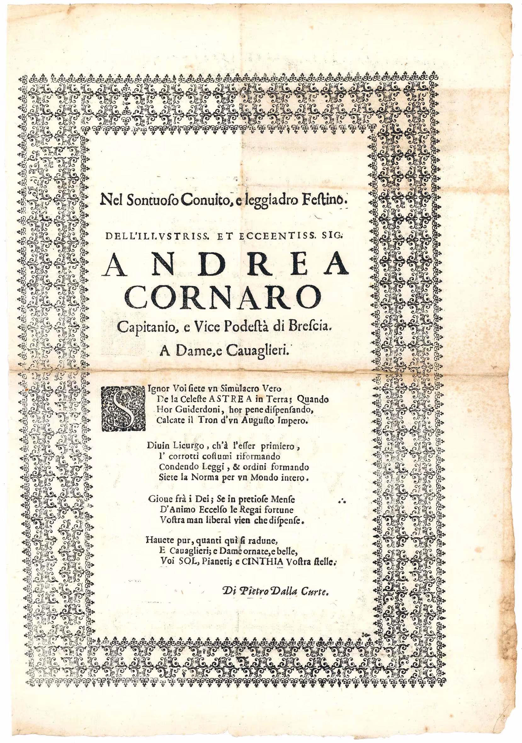 Nel sontuoso Convito, e Leggiadro Festino. Dell’Illustriss. et Ecceentiss. [sic] Sig. Andrea Cornaro Capitanio, e Vice Podestà di Brescia. A Dame, e Cavaglieri