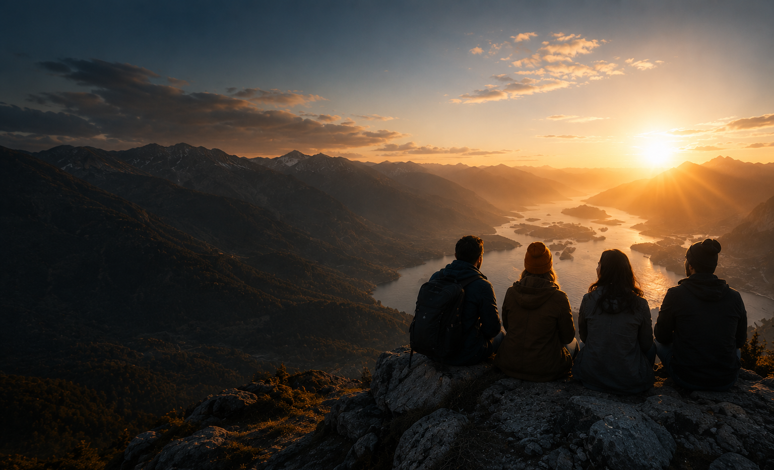 Friends enjoying sunrise and mountains together
