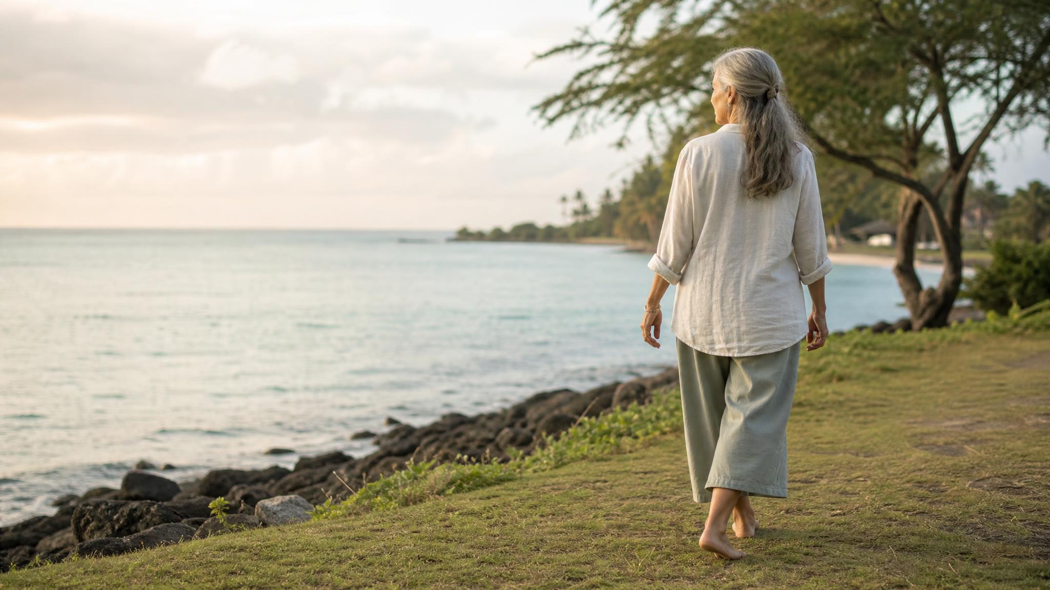 Late afternoon light on a grassy coastal path in Kailua, Oahu