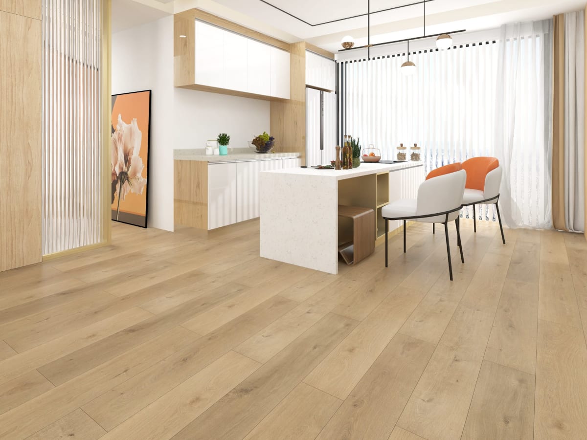 Piso Vinílico Pro Roble Arena 6,5 mm instalado en un ambiente interior