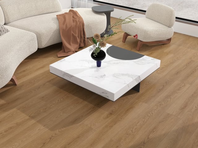 Piso Vinílico Pro Roble Avellana 6,5 mm instalado en un ambiente interior