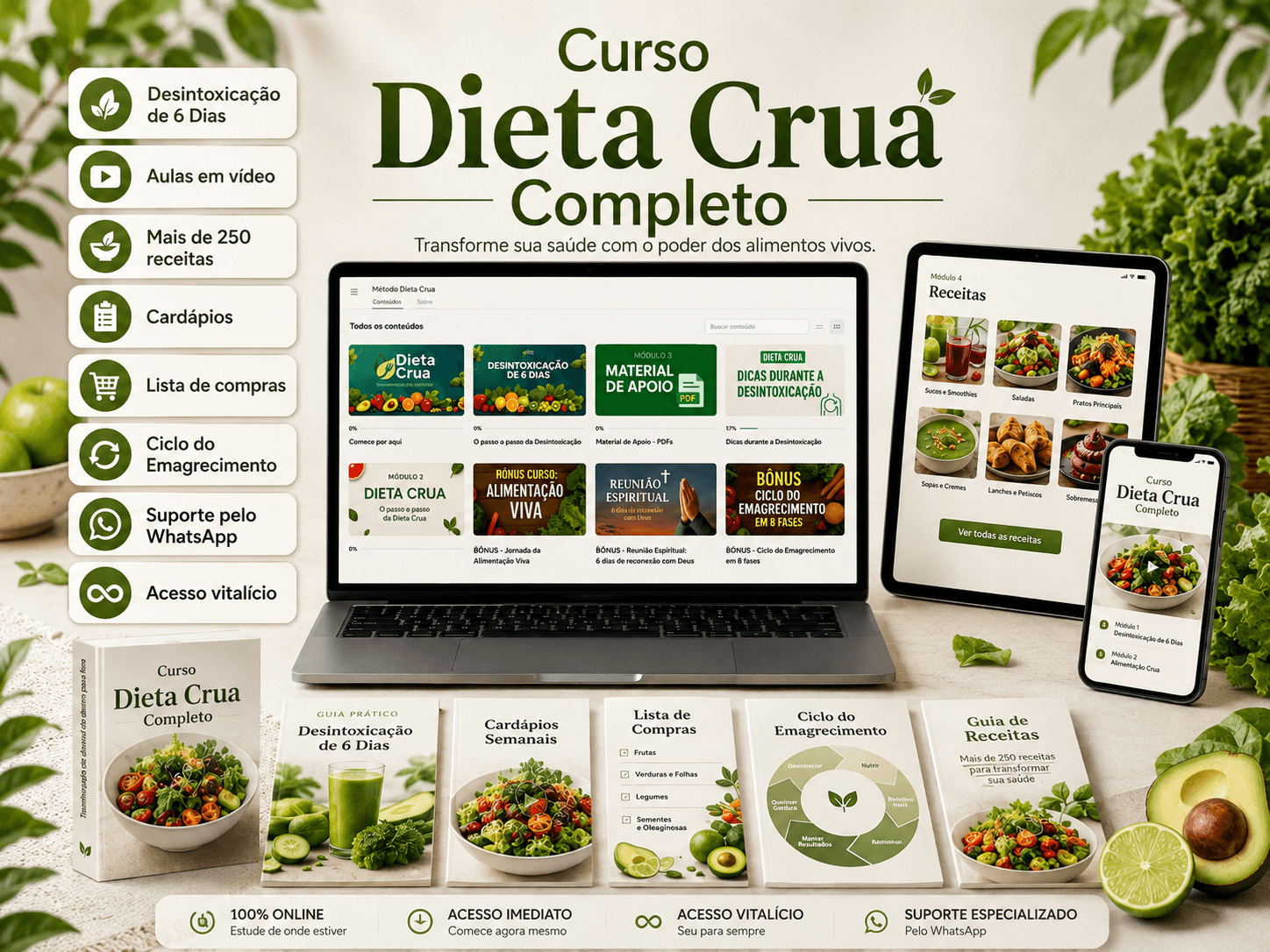 Mockup com os conteúdos do curso Dieta Crua