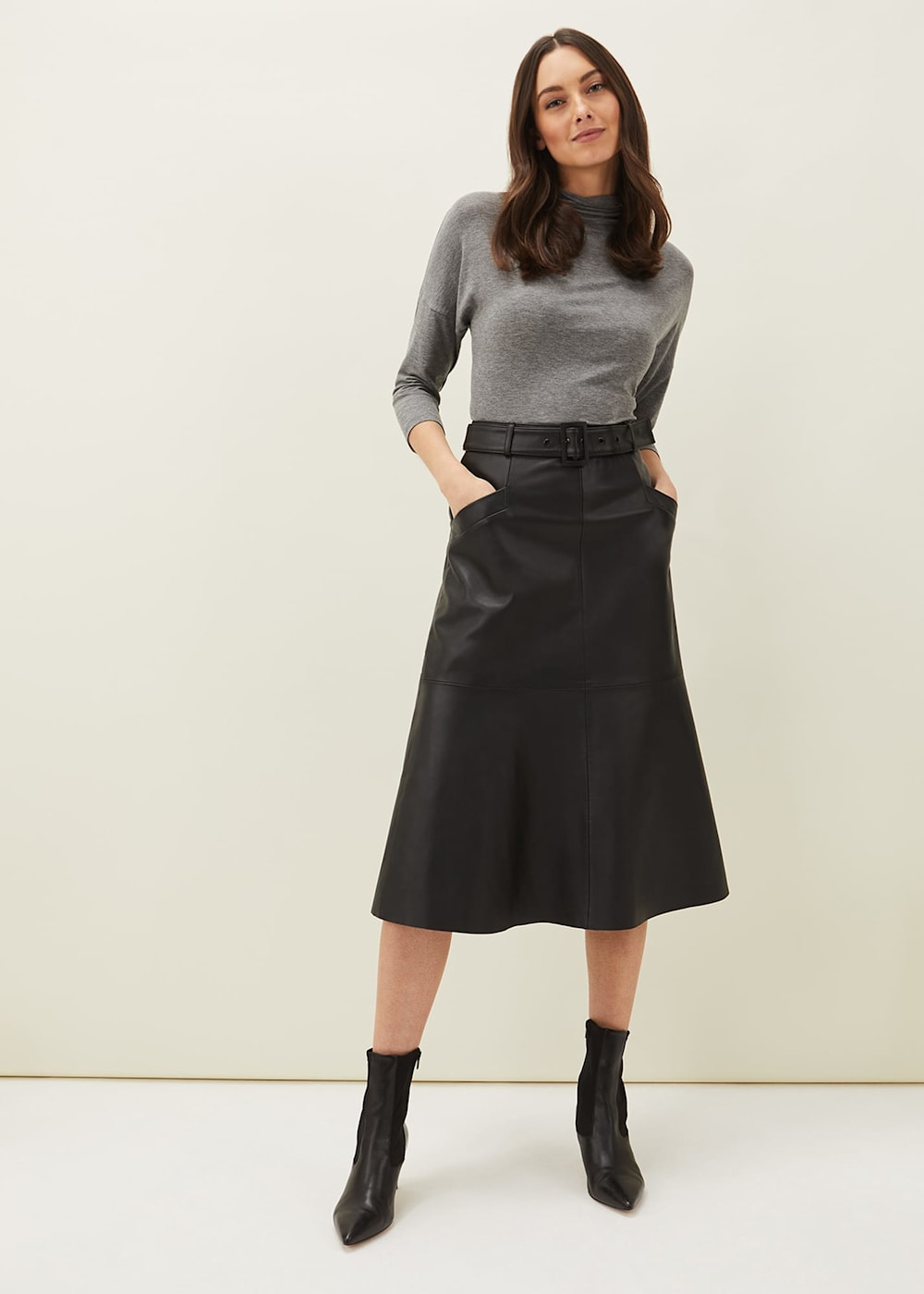 A line midi leather skirt top