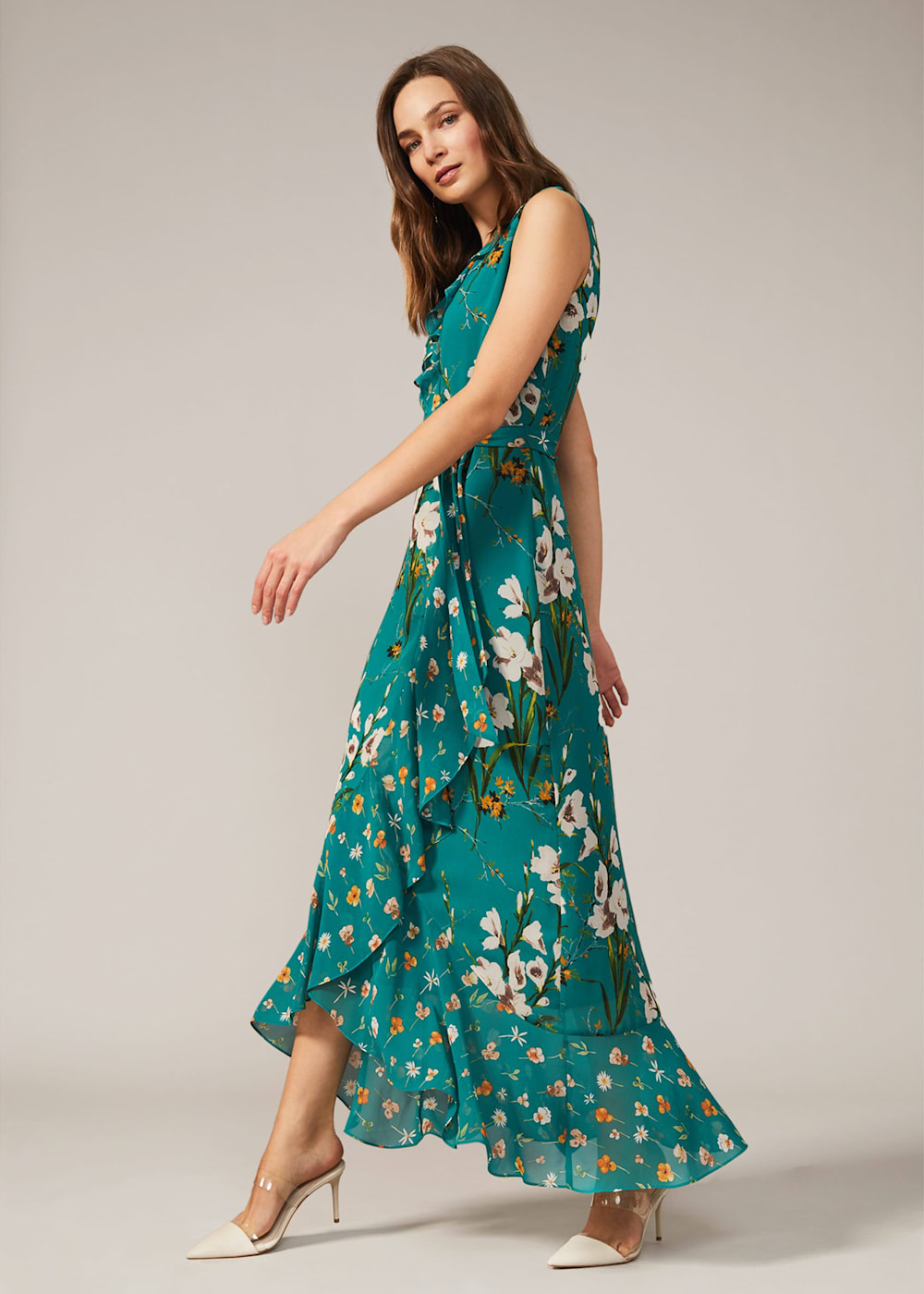 Floral frill maxi dress discount