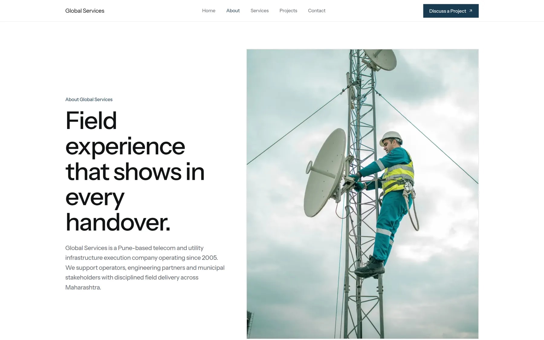 Global Services about page with Field experience that shows in every handover beside a tower technician photograph