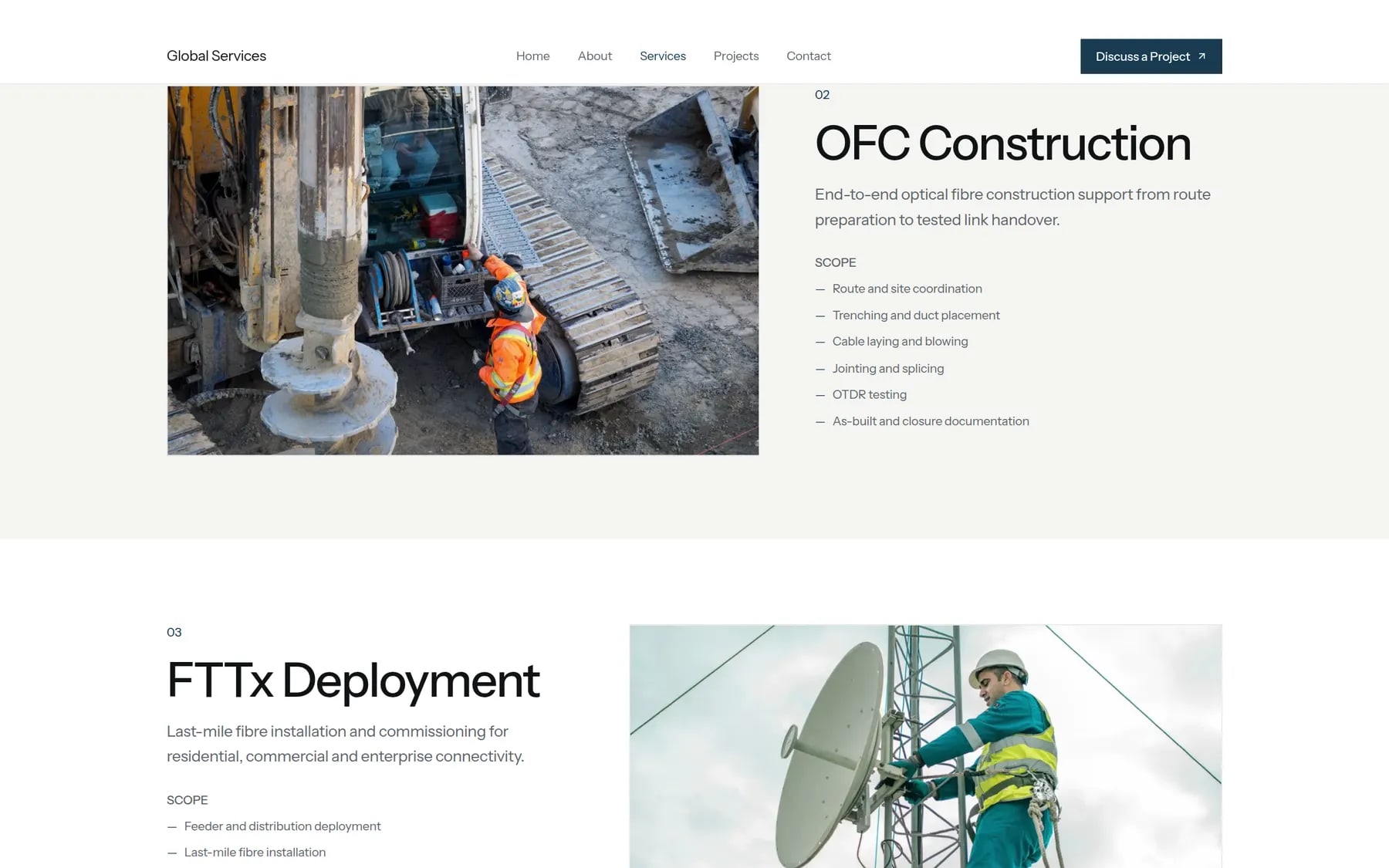 Services page sections for OFC Construction and FTTx Deployment with field photography