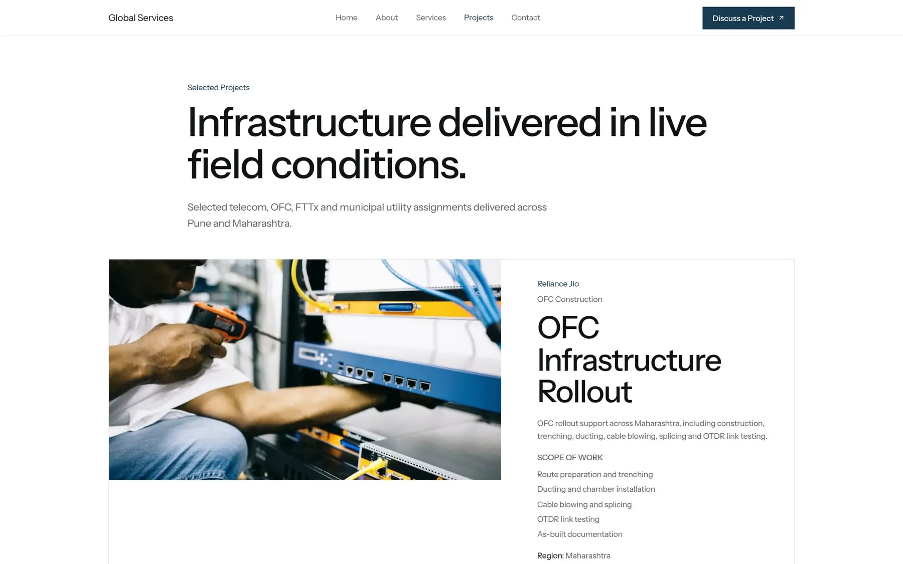Projects page featuring Reliance Jio OFC Infrastructure Rollout with scope of work