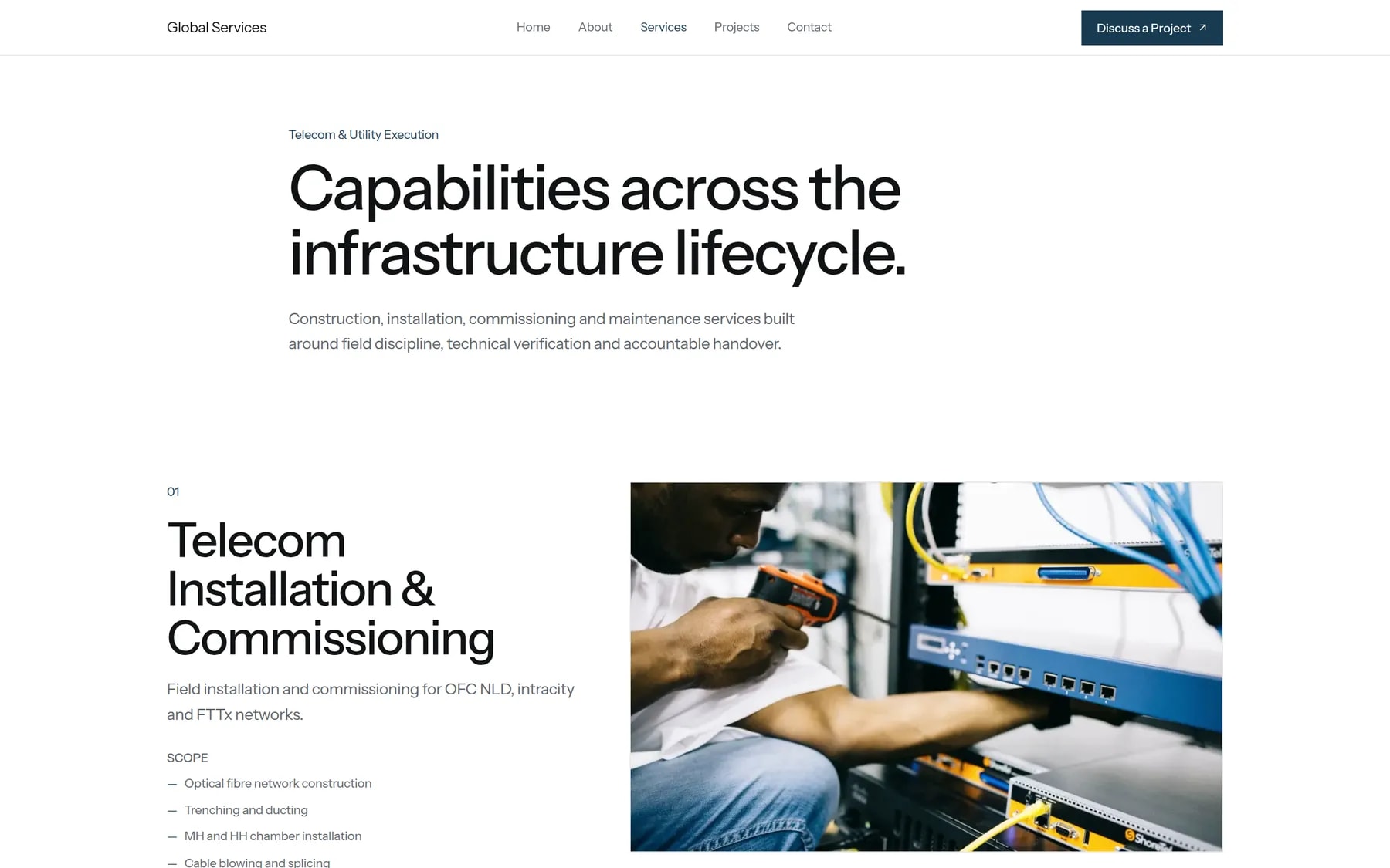 Services page opening with Capabilities across the infrastructure lifecycle and Telecom Installation and Commissioning