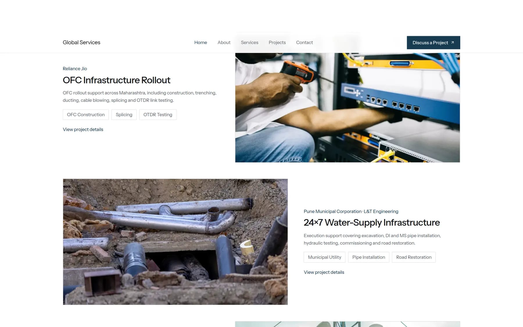 Homepage project modules for Reliance Jio OFC rollout and Pune Municipal Corporation water-supply infrastructure
