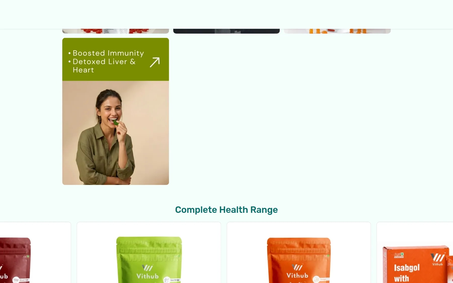 Vithub homepage Complete Health Range module with lifestyle photography and product pouches