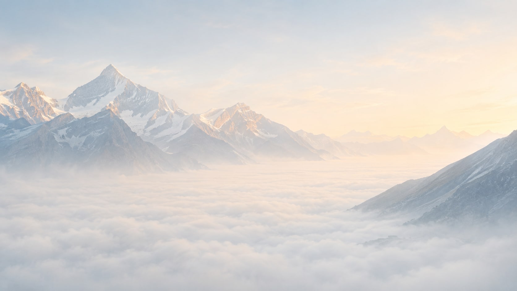 Snow-capped mountain peak above a hazy desert valley in soft morning light