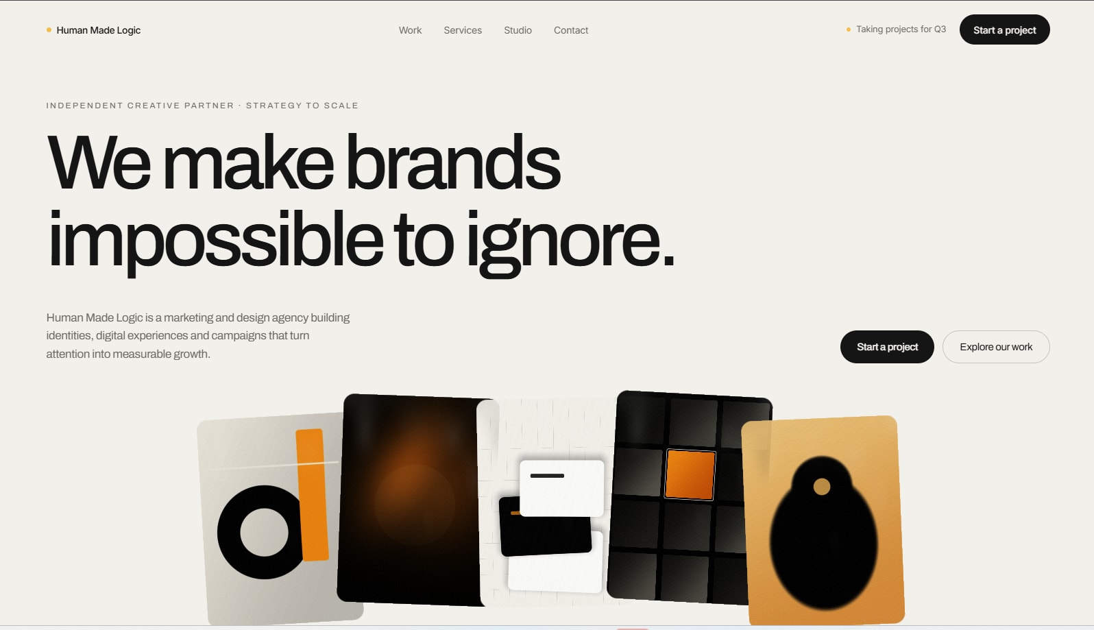Human Made Logic redesigned homepage featuring the headline We make brands impossible to ignore