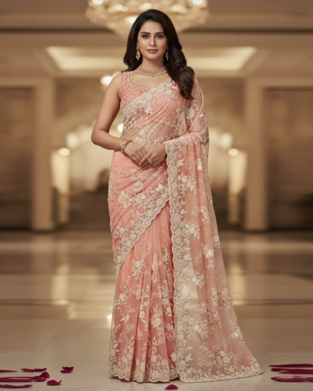 Pearl Work Net Saree – Timeless Grace
