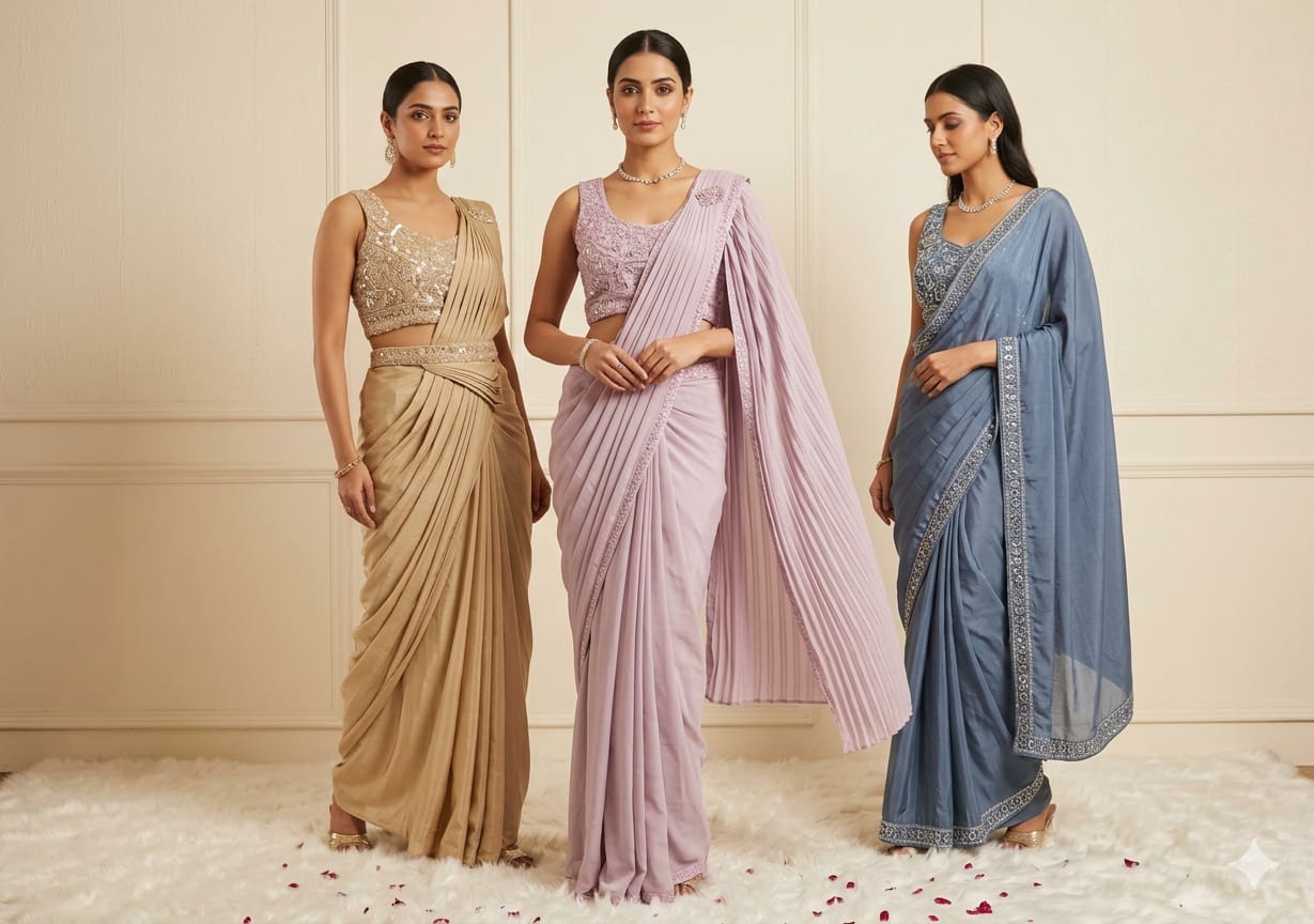 Designer Drape Saree with Cut Dana Work & Belt