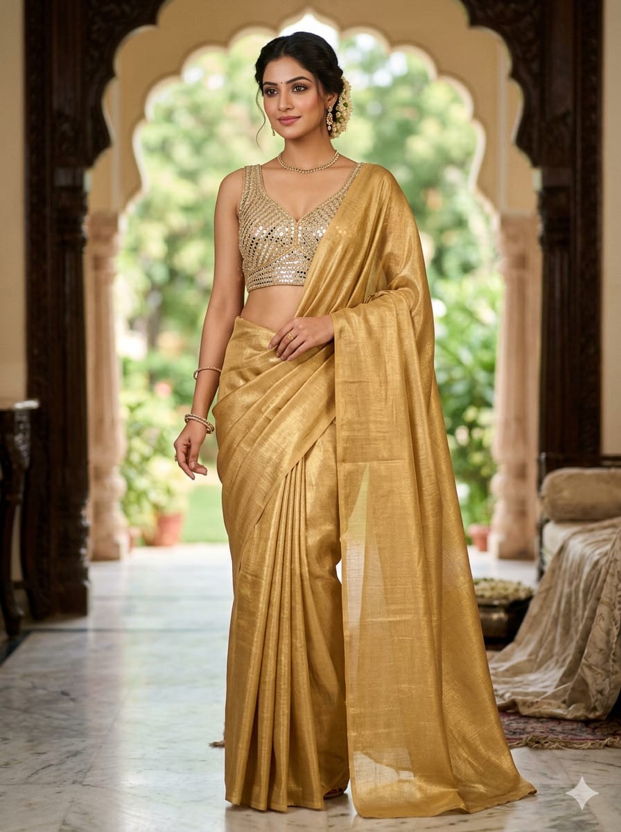 Tissue Silk Saree with Mirror Work Blouse