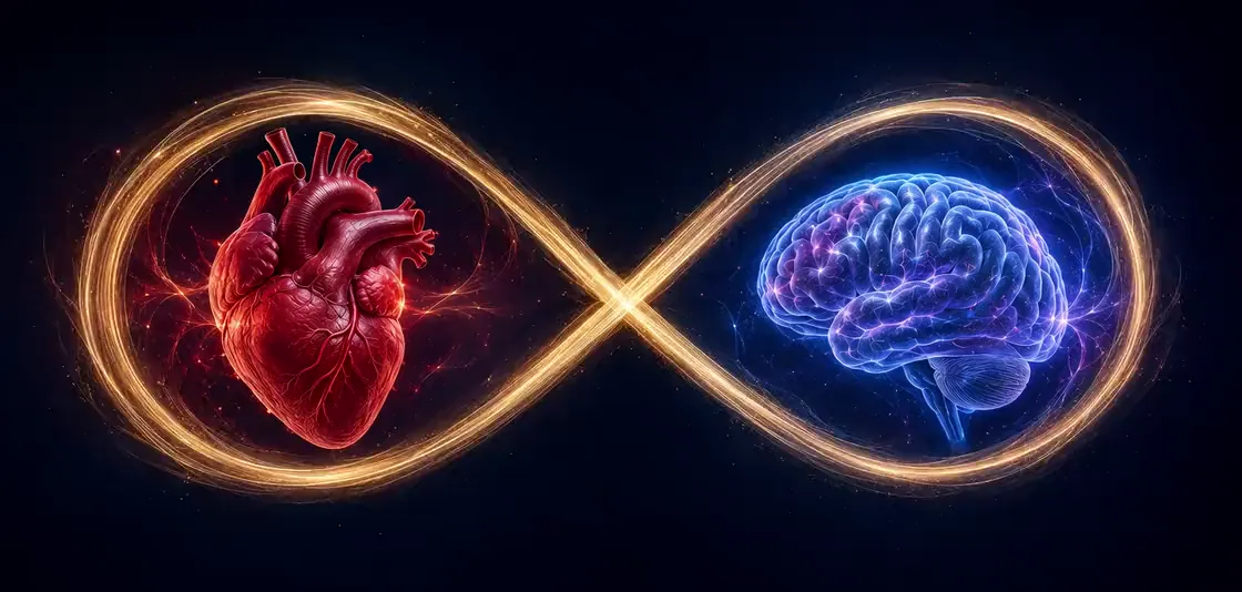 A heart and a brain connected in a golden infinity loop, symbolizing the link between emotion and habit