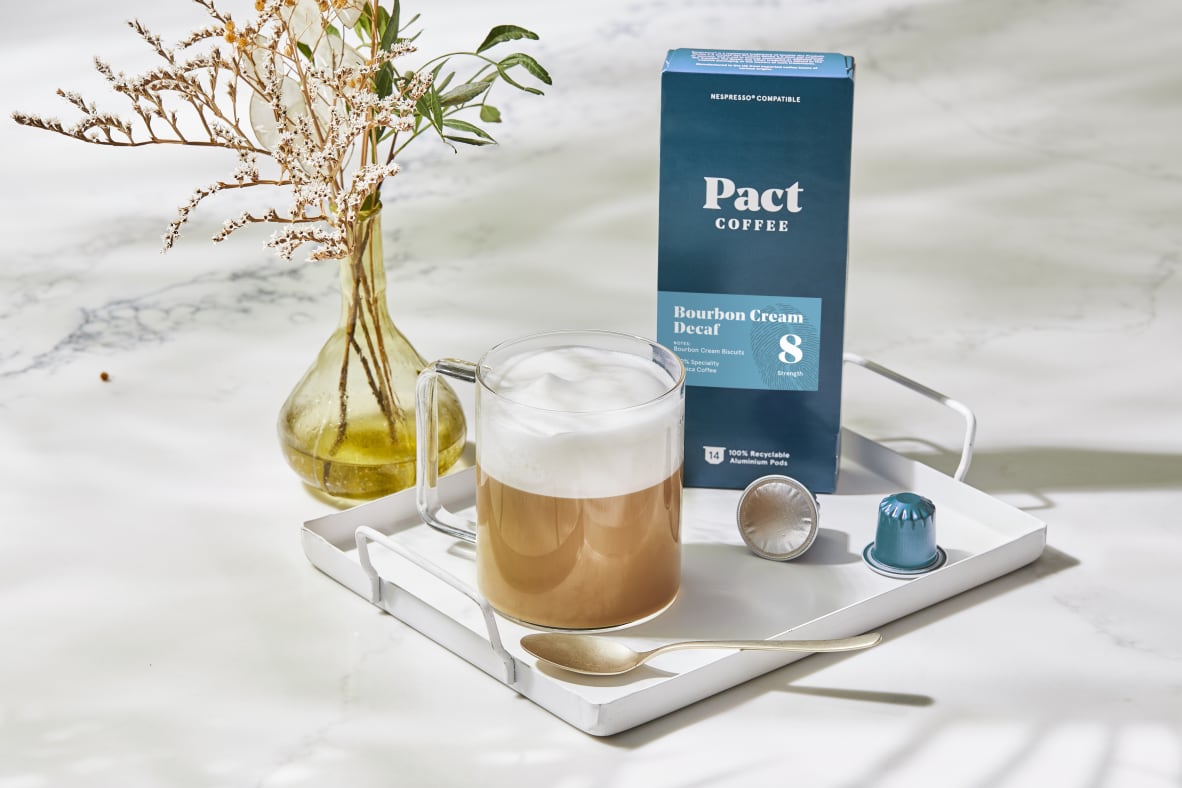 Iced coffee made with Bourbon Cream Decaf pods