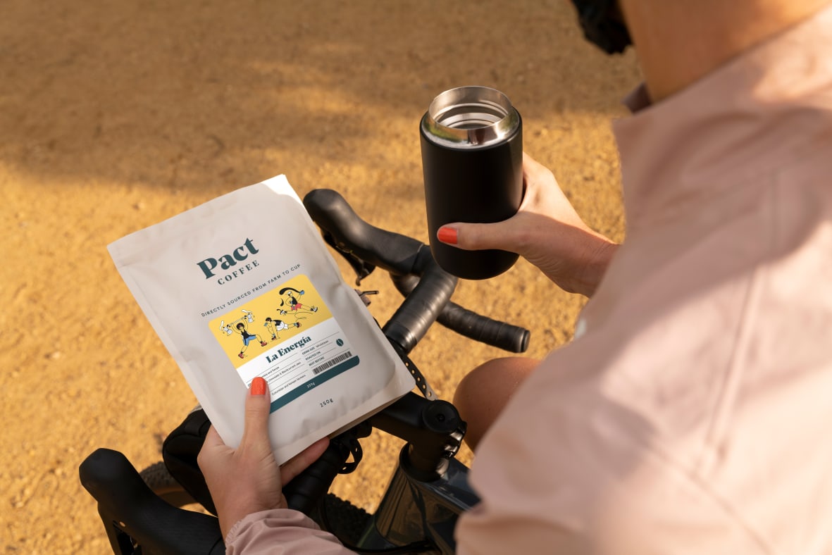 Enjoying Pact coffee on a break from cycling
