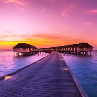 Sunset overwater villas at a tropical destination