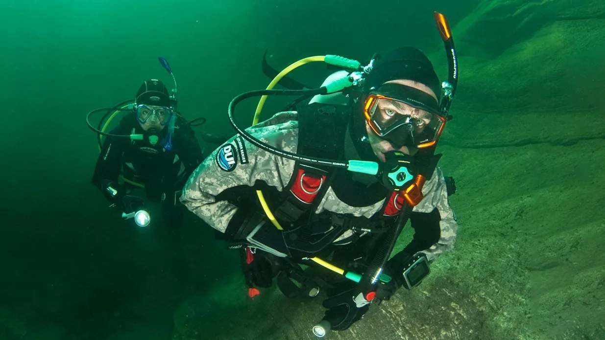Underwater divers with dry suits