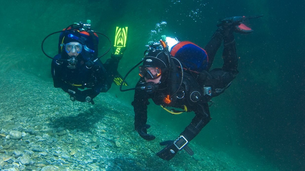 Underwater divers with dry suits