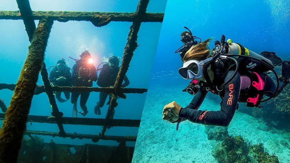 split image of underwater divers