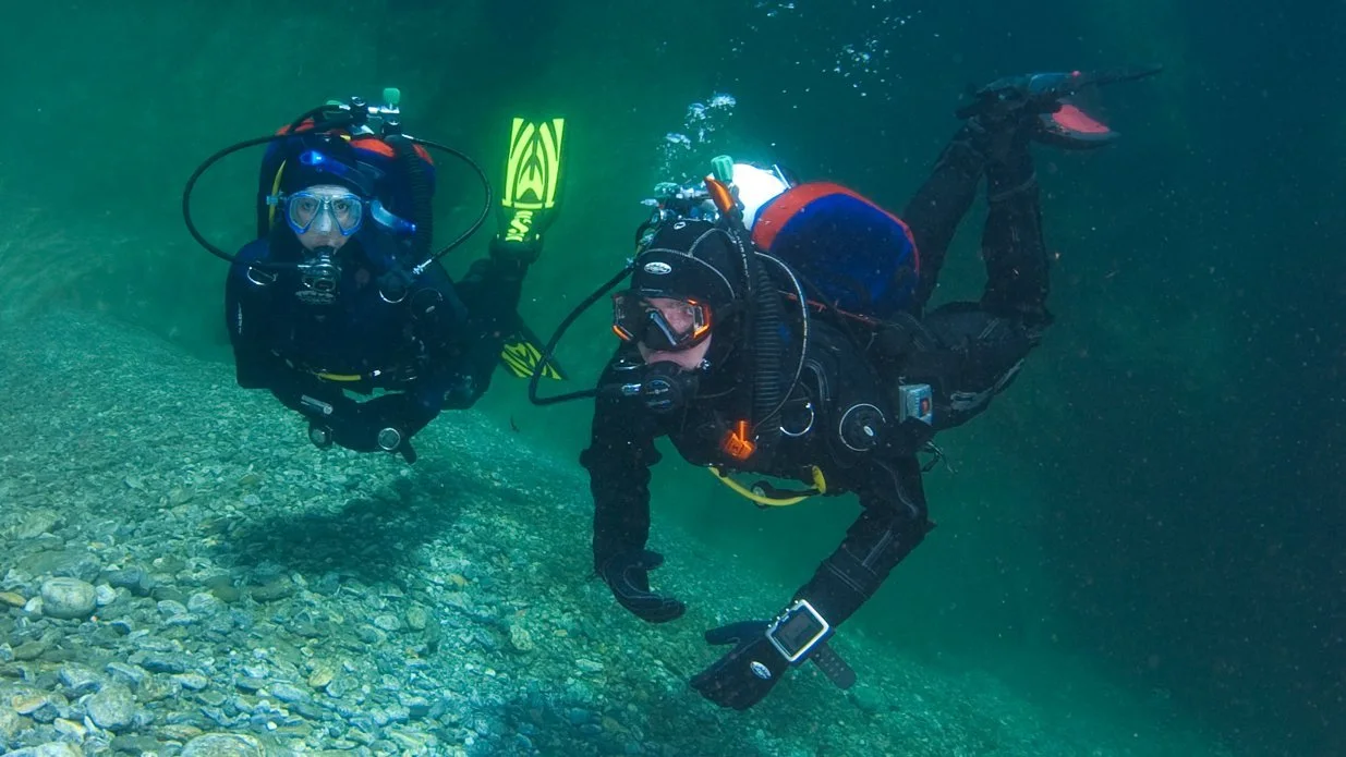 Underwater divers with dry suits