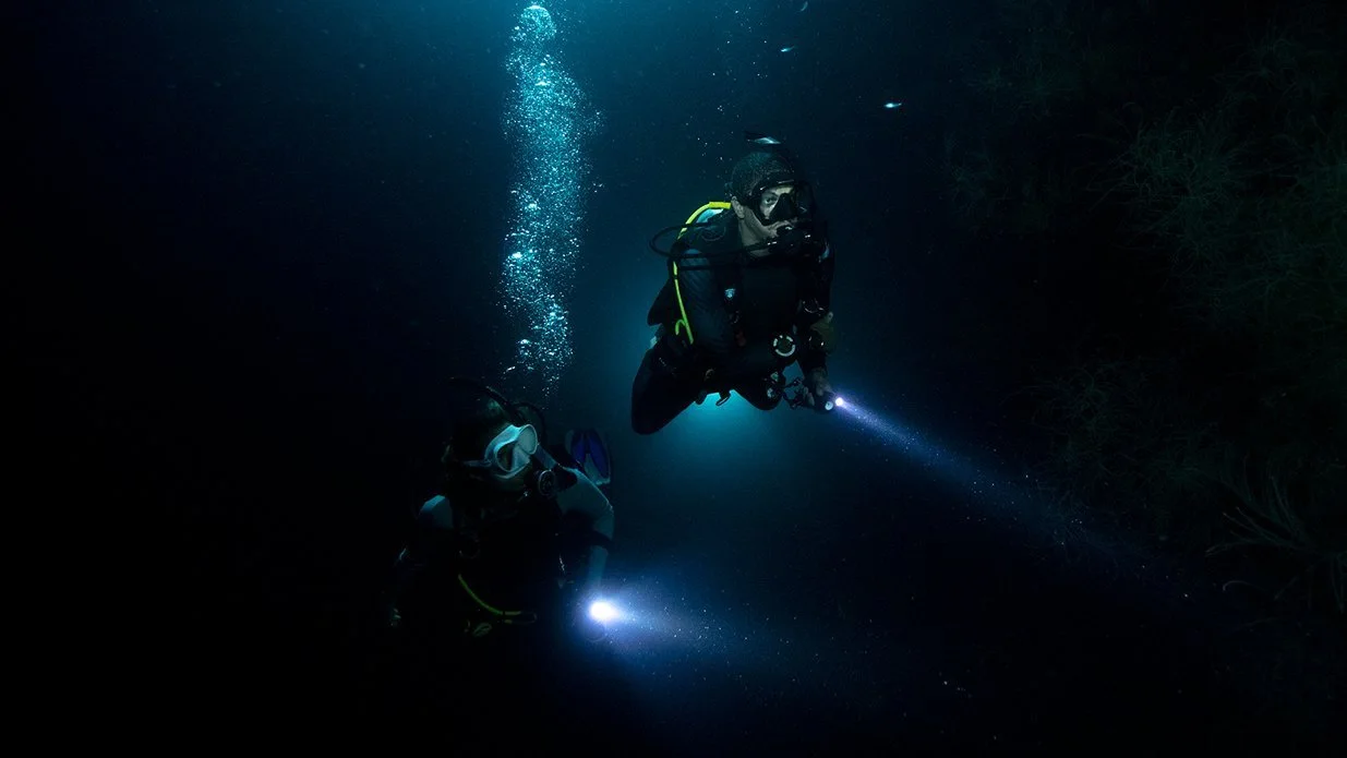 Two divers doing a night dive