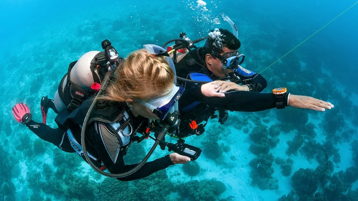 scuba divers using a compass