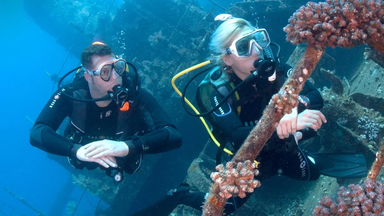 scuba divers diving close to a wreck