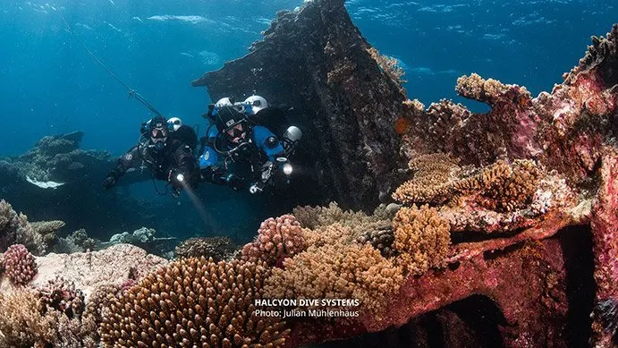 Tec divers with double tanks checking corals